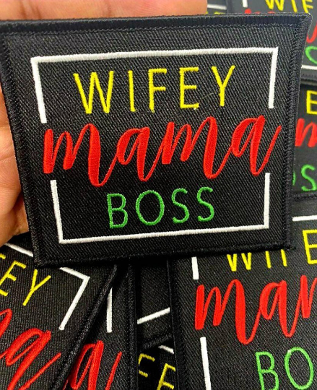 "Wifey, Mama, Boss" (Blk, Red, Yellow) Iron-on Patch for Denim Jackets, Size 4"x4" inches
